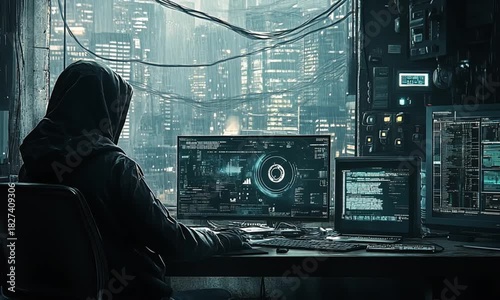 Cyberpunk Hacker Coding in Dark Room Overlooking Futuristic Cityscape