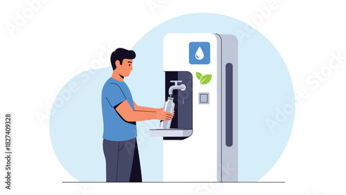 Man filling a reusable metal water bottle at a refill station. Ideal for plastic-free lifestyle, hydration awareness campaigns, and sustainability visuals