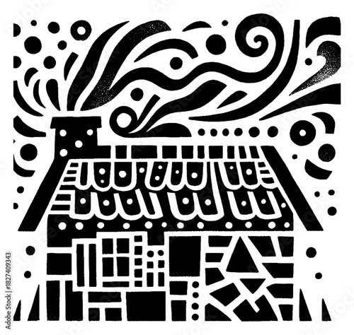 Stylized House with Smoke: A Bold Black and White Illustration.