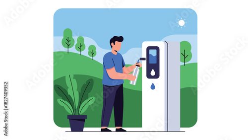 Man filling a reusable metal water bottle at a refill station. Ideal for plastic-free lifestyle, hydration awareness campaigns, and sustainability visuals