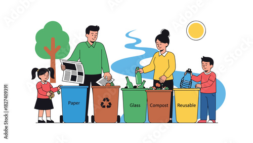 Family sorting waste into labeled recycling bins at home. Ideal for environmental education, family sustainability, and waste management themes