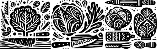 Black and White Vegetable Still Life with Knives.