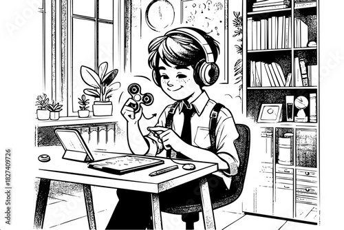 A boy is playing with a fidget spinner while sitting at a desk. The scene is set in a room with a potted plant and a bookshelf. The boy is wearing a tie and he is focused on his activity