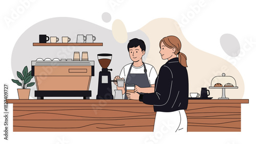 Girl getting takeaway coffee using a reusable eco cup at a café. Ideal for zero waste living concepts, modern eco lifestyle, and sustainability content