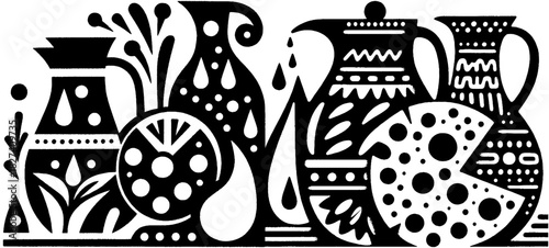 Stylized Black and White Still Life with Pitchers and Fruit.