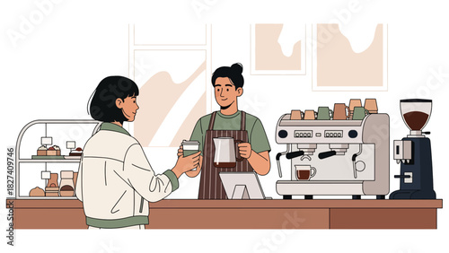 Girl getting takeaway coffee using a reusable eco cup at a café. Ideal for zero waste living concepts, modern eco lifestyle, and sustainability content