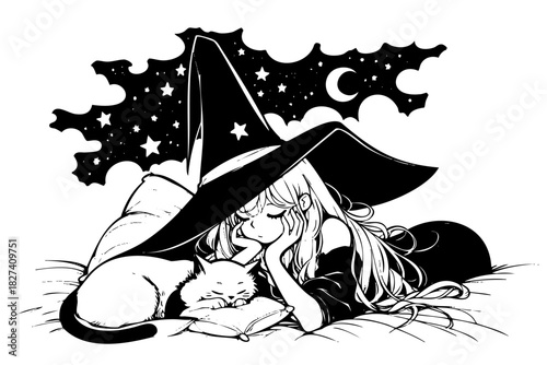 A girl is laying on a bed with a cat on her lap. The cat is sleeping and the girl is looking at the cat. The image has a calm and peaceful mood