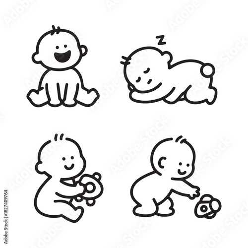 Cute Black and White Baby Character Icon Set Playing with Toys.