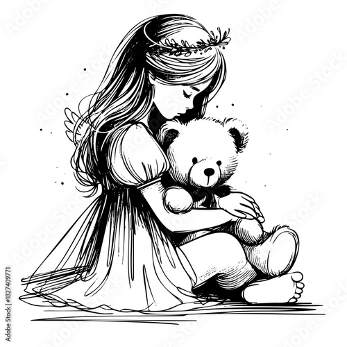 A girl is holding a teddy bear. The girl is wearing a white dress and has a crown on her head. The girl is sitting on the ground and he is sad