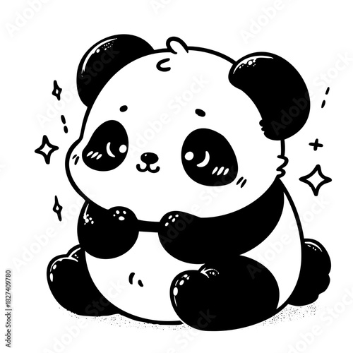 A cute panda bear is sitting on the ground with its paws on its face. The bear is surrounded by stars, which give it a whimsical and playful appearance