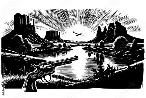 A man is holding a gun and looking at a bird flying in the sky. The scene is set in a desert with mountains in the background