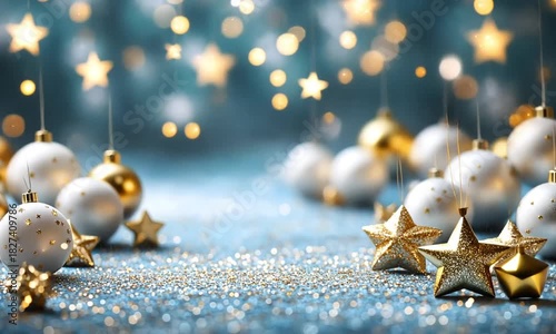 Elegant Christmas Ornament Arrangement on Sparkling Blue Surface