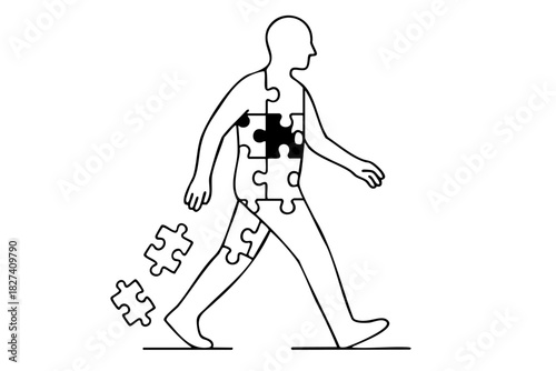 A man is walking with a puzzle piece in his hand. The puzzle piece is missing a piece, and the man is walking away from it. Concept of loss or separation, as the man is leaving the puzzle piece behind
