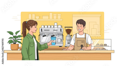 Girl getting takeaway coffee using a reusable eco cup at a café. Ideal for zero waste living concepts, modern eco lifestyle, and sustainability content