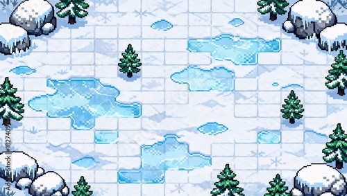 ピクセルアートの等角図の冬の風景。雪と氷のゲームアセット
