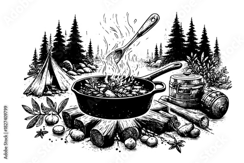 A black and white drawing of a campfire with a pot of food cooking on it. The drawing has a rustic and cozy feel to it, with a sense of warmth and comfort