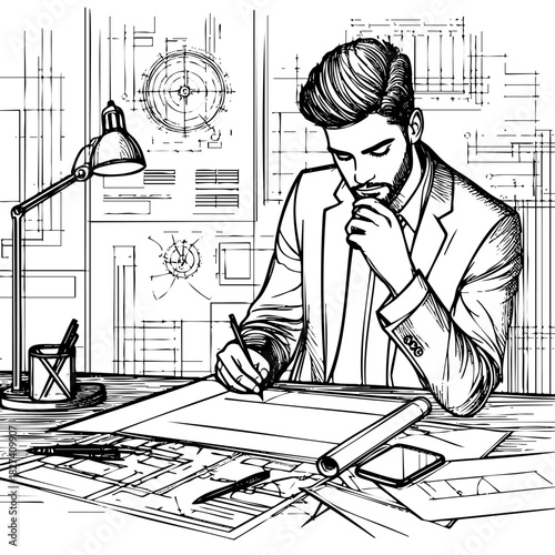A man is sitting at a desk with a pen and paper, writing. Concept of focus and concentration, as the man is deeply engaged in his work. The scene suggests that the man is likely a writer or an artist