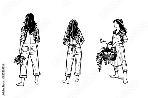 Three women are shown in a black and white drawing. The first woman is standing with her hands on her hips, the second woman is holding a basket of vegetables