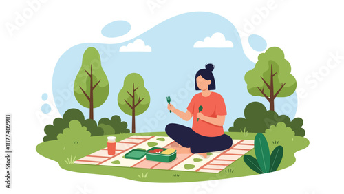 Man enjoying an outdoor picnic using a reusable metal straw and lunchbox. Ideal for sustainable dining visuals, zero waste habits, and eco picnic lifestyle themes