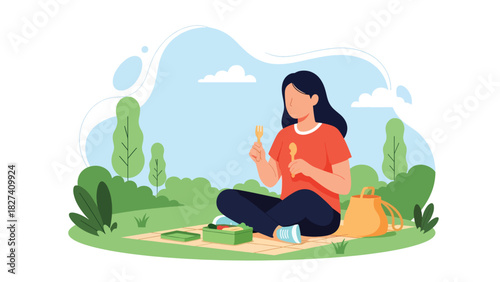 Man enjoying an outdoor picnic using a reusable metal straw and lunchbox. Ideal for sustainable dining visuals, zero waste habits, and eco picnic lifestyle themes
