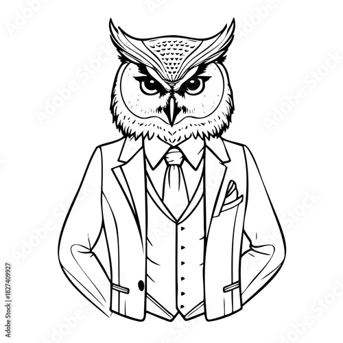 A man in a suit and tie with an owl head. The owl is wearing a tie and has a serious expression