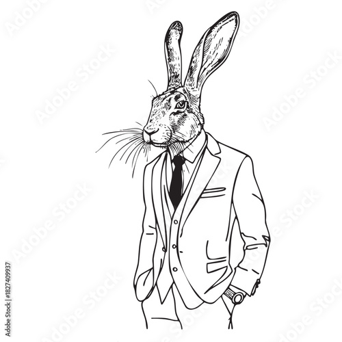 A rabbit wearing a suit and tie. The rabbit is wearing a tie and has a watch on his wrist