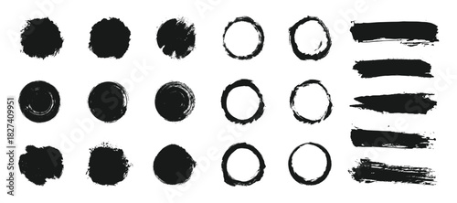 Set of paint brush stroke and abstract grunge banner and circles for graphic background decoration.