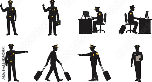 Airport security silhouettes, customs officer vector, traveler with luggage clipart, black graphic design, inspection and desk interaction icons