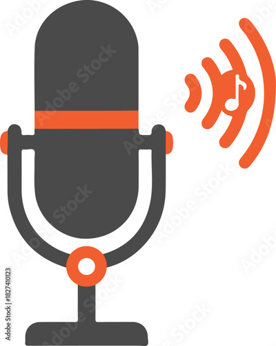 Simplified Podcasting Impliment - Retro Microphone Vector with Note-Bearing Signal Rings