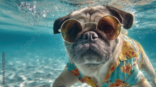 A pug swims happily in a bright blue pool wearing round sunglasses and a vibrant floral shirt. The sun shines above creating sparkling water reflections around the playful dog.