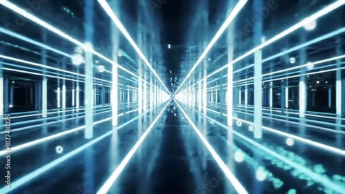 Futuristic tunnel with blue neon lights, creating a sense of depth and technology.