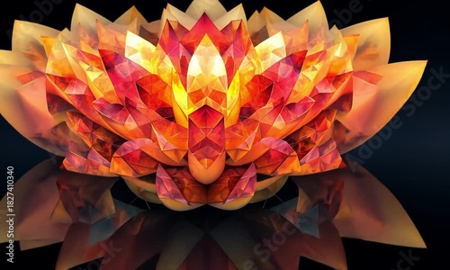 Abstract polygonal lotus flower with fiery colors, elegant design, dark background and reflection