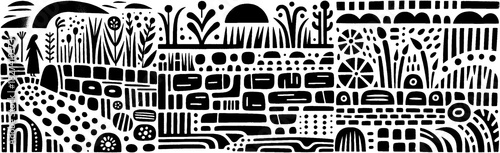 Abstract Black and White Landscape with Figures and Plants.