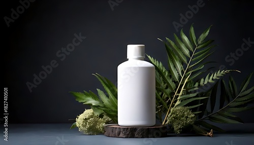 A white product bottle stands on a small wooden disc, encircled by green plants, all against a dark background