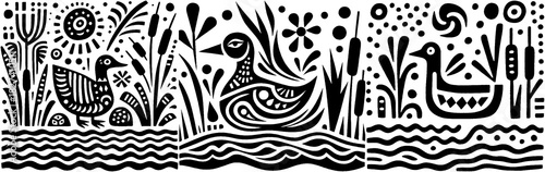 Stylized Ducks in a Black and White Landscape.