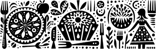 Black and White Food Illustration with Kitchen Utensils.