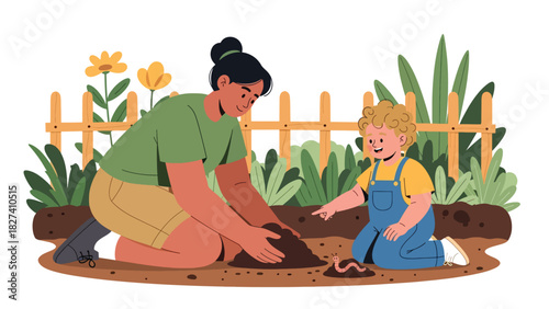 Child helping parent compost food scraps in a garden. Ideal for family sustainability visuals, eco education content, and zero waste gardening themes