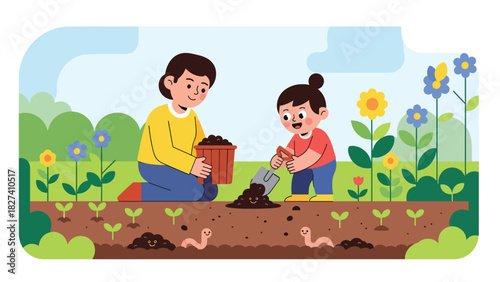 Child helping parent compost food scraps in a garden. Ideal for family sustainability visuals, eco education content, and zero waste gardening themes