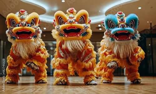 A vibrant trio of lion dance costumes showcased in celebratory display
