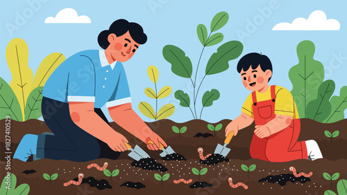 Child helping parent compost food scraps in a garden. Ideal for family sustainability visuals, eco education content, and zero waste gardening themes