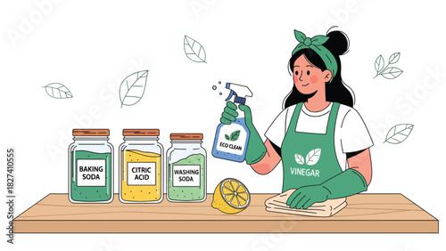 Woman cleaning using natural DIY supplies like vinegar spray and cloth towels. Ideal for eco cleaning tutorials, sustainable home content, and zero waste visuals