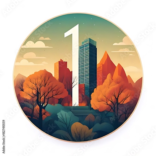 Circular artistic scene featuring a tall 