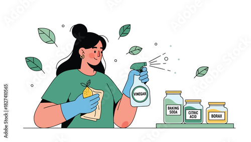 Woman cleaning using natural DIY supplies like vinegar spray and cloth towels. Ideal for eco cleaning tutorials, sustainable home content, and zero waste visuals