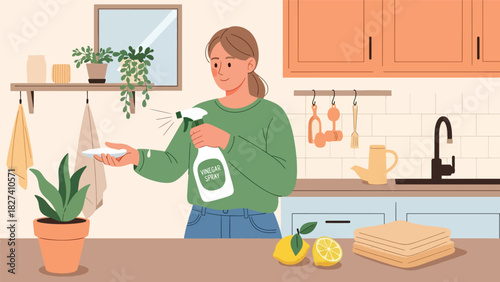 Woman cleaning using natural DIY supplies like vinegar spray and cloth towels. Ideal for eco cleaning tutorials, sustainable home content, and zero waste visuals
