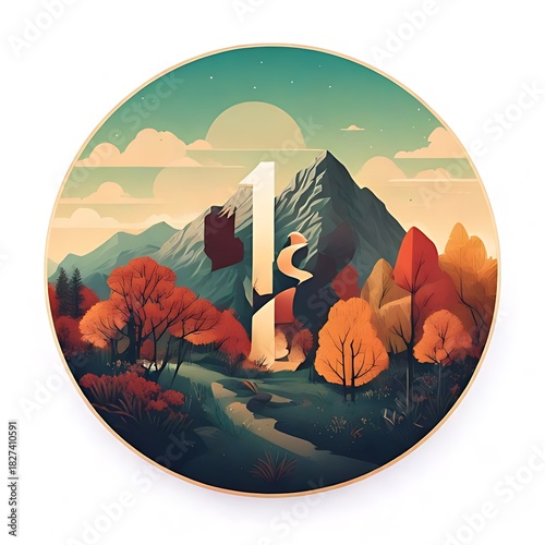 Circular autumn landscape with a stylized mountain, trees, river, sky, and number 