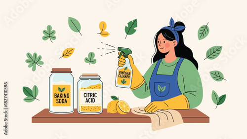 Woman cleaning using natural DIY supplies like vinegar spray and cloth towels. Ideal for eco cleaning tutorials, sustainable home content, and zero waste visuals