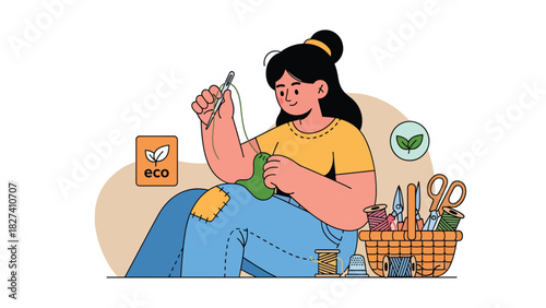 Person repairing clothes with needle and thread instead of discarding them. Ideal for zero waste fashion, textile sustainability, and mindful consumption themes