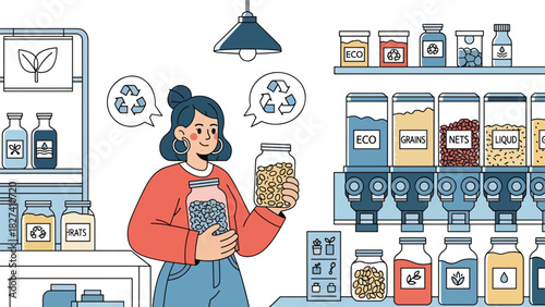 Woman shopping with reusable glass jars at a bulk food refill store. Perfect for plastic-free lifestyle design, youth sustainability campaigns, and eco education