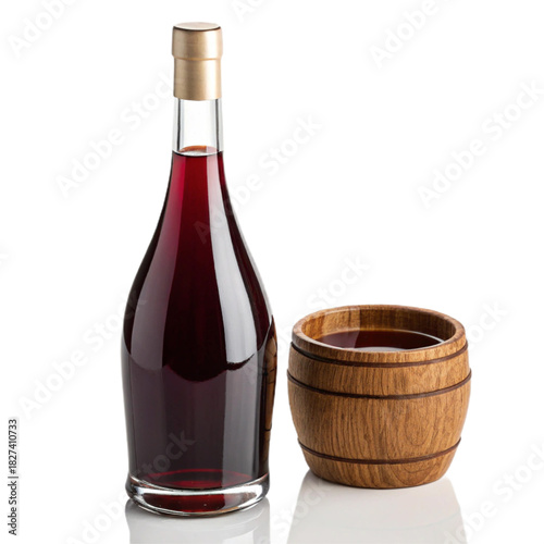 Elegant bottle of red wine paired with a rustic wooden cup, evoking warmth and tradition, perfect for lifestyle, culinary, or celebratory designs