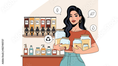 Woman shopping with reusable glass jars at a bulk food refill store. Perfect for plastic-free lifestyle design, youth sustainability campaigns, and eco education
